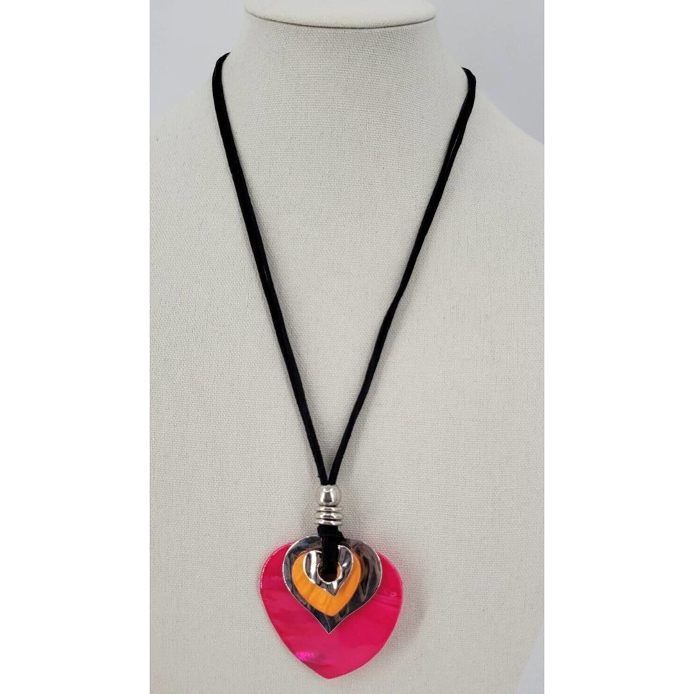 Heart Pendant Necklace Dyed Shell Metal Cord Pink Orange Silver Tone
